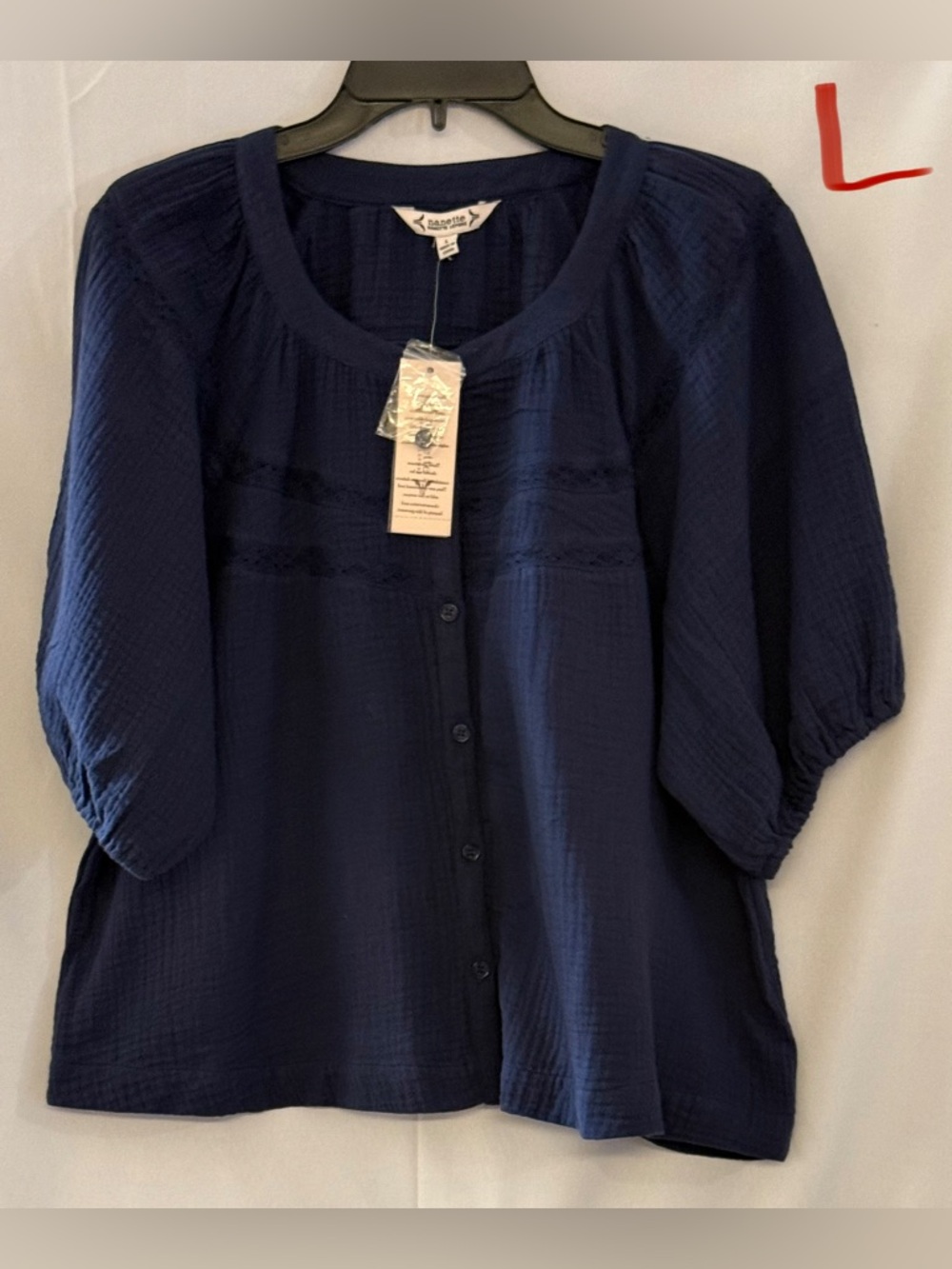 Nannette Navy Button-Front Gauze Top with Pintuck Detail